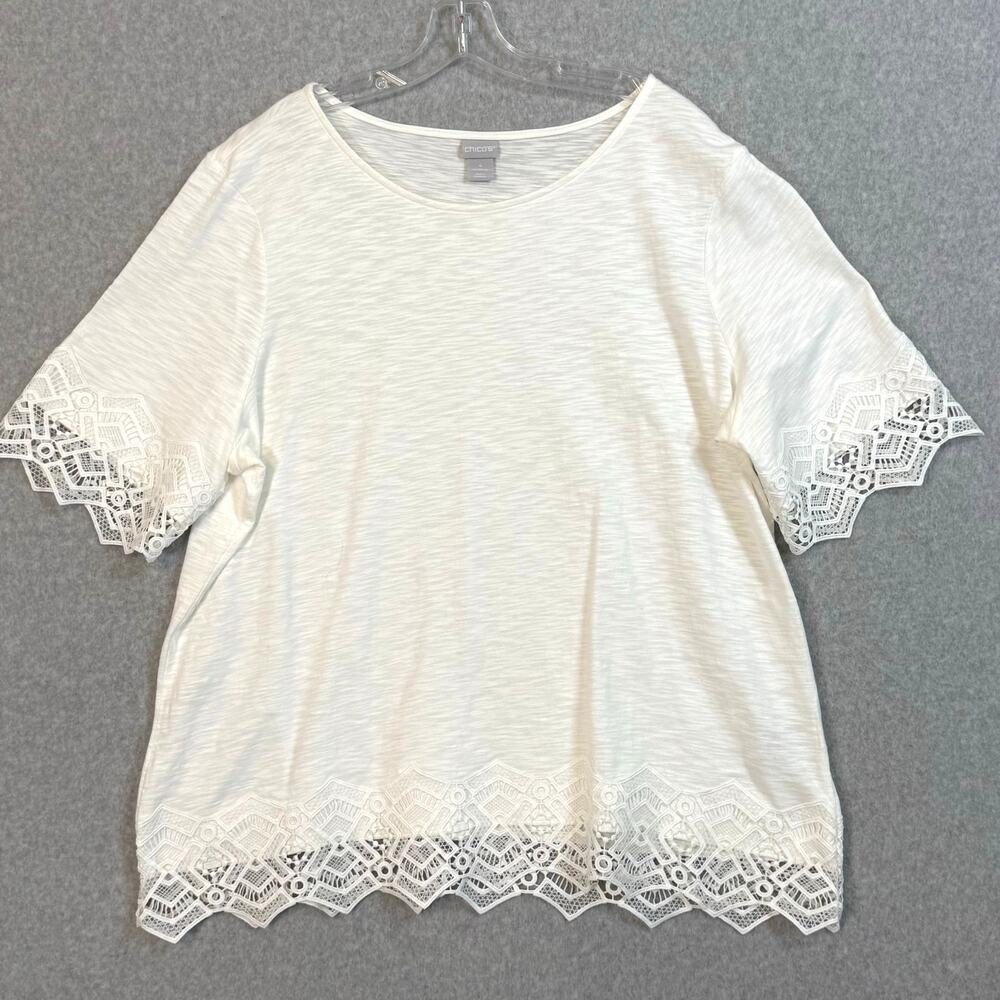 Chicos Crochet Trim Short Sleeve Top Size 4 XXL Boxy Stretch Casual Brunch